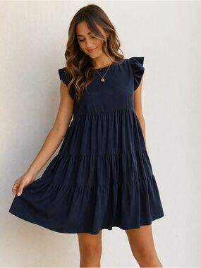 Kirundo Navy Tiered Babydoll
Dress Ruffle Sleeve Flowy Mini Size Small
